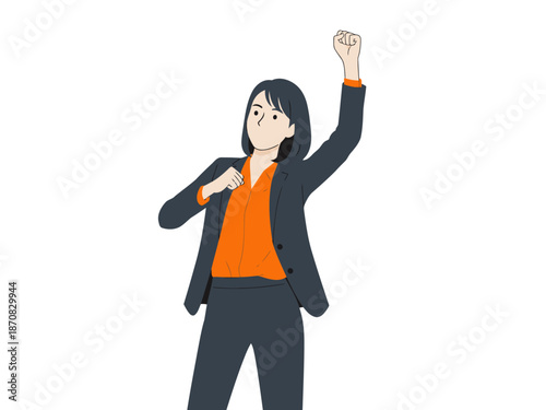 A professional woman celebrates success with an enthusiastic gesture. Modern illustration style, vibrant colors, ideal for business achievement themes.