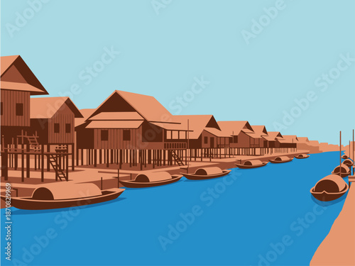 Riverside Village showcases charming wooden houses on stilts over a tranquil blue waterway. A picturesque scene evoking a peaceful lifestyle and traditional architecture.