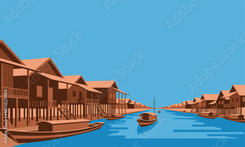 Riverside Village showcases charming wooden houses along a tranquil waterway. A traditional boat drifts by, creating a picturesque scene. Ideal for travel, lifestyle, and architectural visuals.