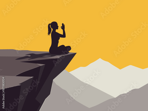 Silhouette of a woman in meditation atop a rocky cliff, overlooking mountains. Serene and contemplative, perfect for wellness and mindfulness themes.