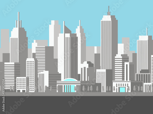 A stylized, modern city skyline illustration. Clean lines and a bright color palette create a visually appealing daytime scene. Perfect for business and urban themes.