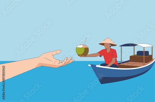 A vendor in a traditional boat offers a fresh coconut to a reaching hand. Vibrant colors and a clear composition create a tropical scene.