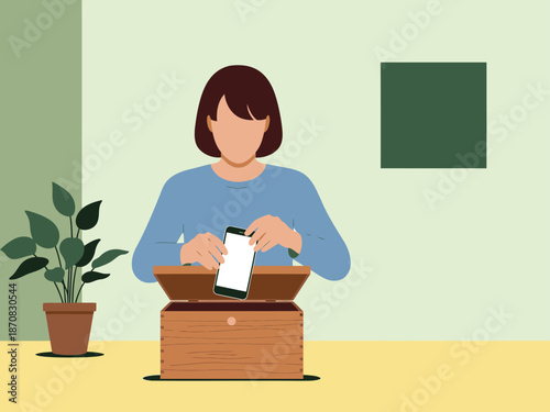 A woman disconnects from her phone, symbolically placing it in a box to achieve digital clarity and mental focus. A calming, minimalist scene.