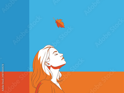 A woman breathes in the beauty of nature, gazing upwards with a serene expression. Vibrant colors and a simple composition evoke a sense of mindfulness and tranquility.