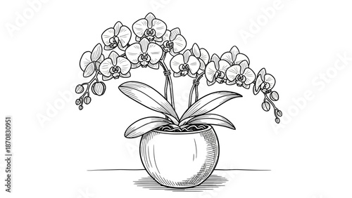Elegant Line Art Drawing of a Flowering Orchid Plant in a Round Vase for Artistic and Botanical