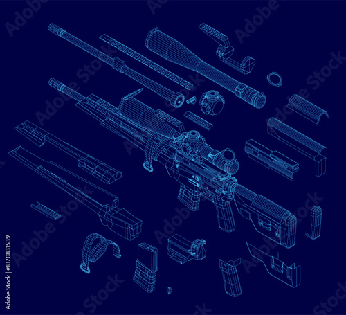 A modern sniper rifle blueprint on a blue background displays a detailed wireframe view of its internal components and mechanical structure.