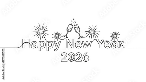 Elegant Minimalist line art illustration celebrating New Year 2026 with fireworks and champagne