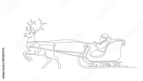 Simple line drawing of Santa Claus's sleigh pulled by a reindeer in a minimalist style