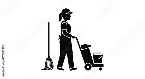 A cleaning worker with tools depicted in a striking black silhouette