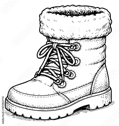 Hand drawn line art illustration of a winter boot depicting warm fur lining and laces for cold weather activities