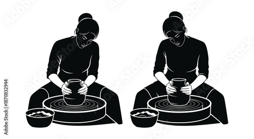 Two women crafting pottery at wheels a striking black silhouette