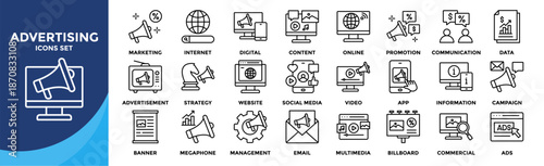 Advertising icon set collection. Icon pack contains Advertisement, Strategy, Website, Management, Commercial, Ads