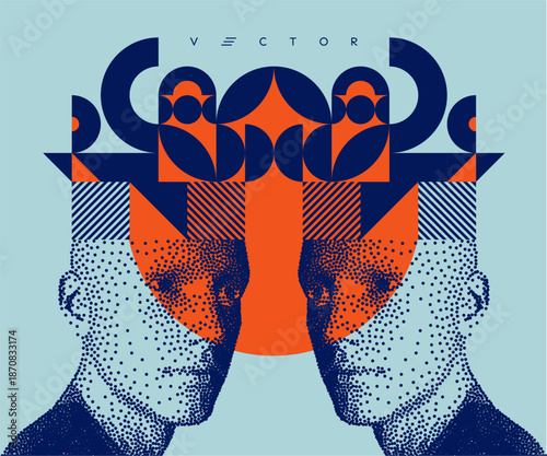 Collective creativity of fellow designers. Time to think. Discovery, studying and learning concept. Geometrical art. Stipple effect. Vector for presentation, cover, placard, banner, poster, brochure.