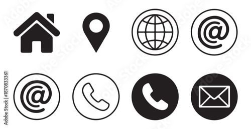 Essential contact information symbols pack including at sign telephone handset envelope and globe for web design