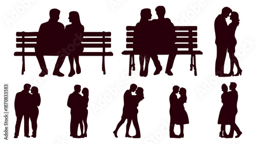 Vector silhouette set of romantic couples sitting on bench and hugging, Collection of lovers in various romantic poses and embraces silhouettes, Romantic couple silhouette pack with man and woman kiss