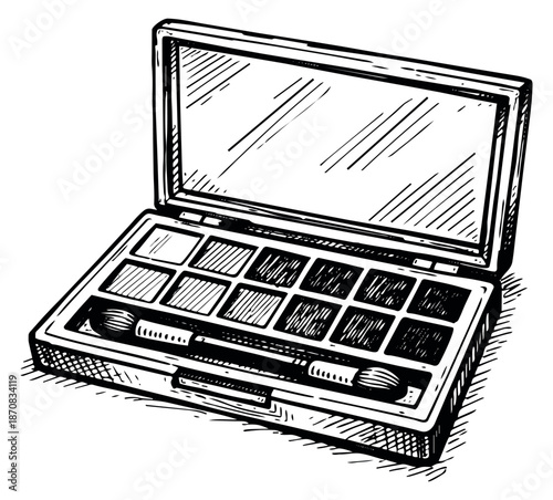 Hand drawn line art illustration of an eyeshadow palette depicting an opened case with a mirror and applicator brush for beauty design