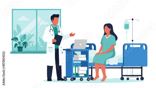 Doctor and Patient in Hospital Room Vector Illustration - Medical Consultation and Healthcare Scene