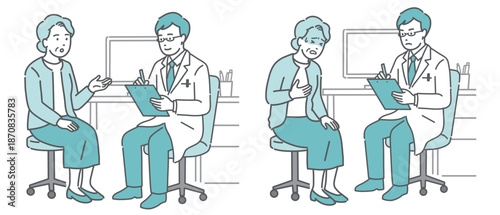 問診と体調不良の高齢女性セット（男性医師・白衣）