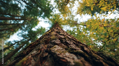 Wallpaper Mural tall tree growing upward viewed from ground, strong vertical composition, natural forest light Torontodigital.ca