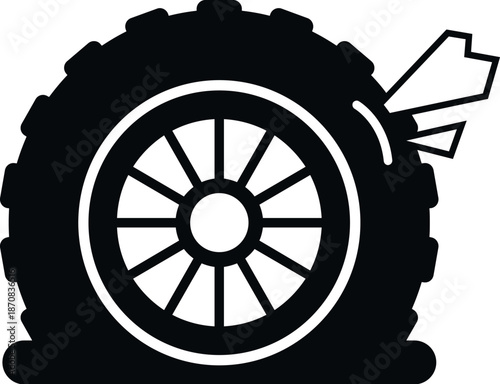Vehicle wheel with a puncture, indicating a breakdown or accident