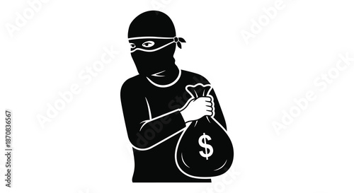 A masked figure holding a bag of money a striking silhouette
