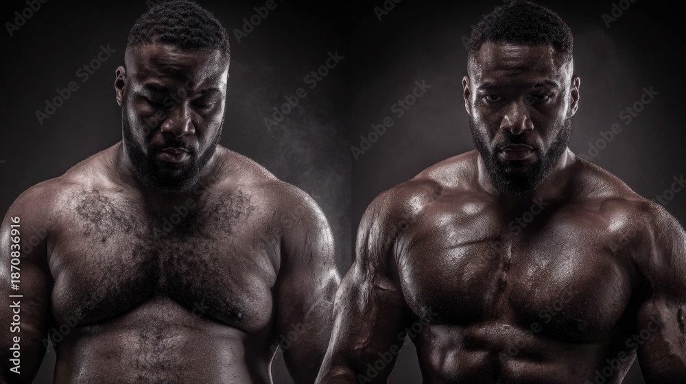 Fototapeta premium Powerful Before and After Weight Loss Transformation Showing Journey From Obesity to Athletic Success in Detailed Split Composition