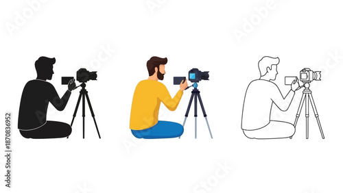 Filmmaker recording video content while kneeling beside a professional camera mounted on a tripod