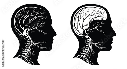 Human head profiles with tree roots and branches artistic rendering silhouette