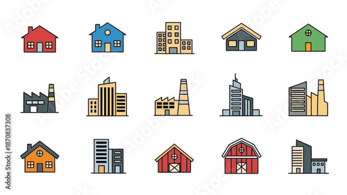 Collection of various colorful buildings and structures in a flat design style