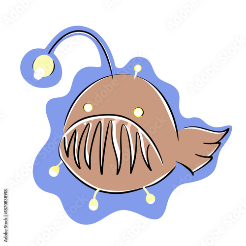 Cartoon anglerfish with glowing lure and blue background  