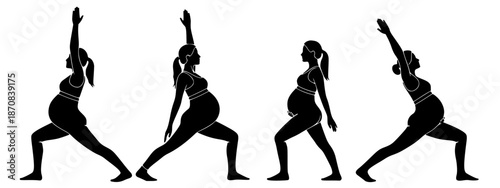 Silhouettes of pregnant women performing yoga poses, showcasing prenatal fitness and well-being