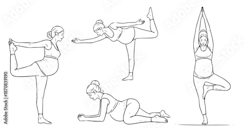 Collection of Line Art Illustrations Showcasing Pregnant Women Performing Various Yoga Poses