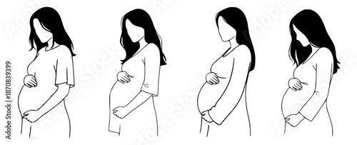 Stylized Vector Illustrations of a Pregnant Woman in Various Poses, Embodying the Journey of Motherhood and Anticipation