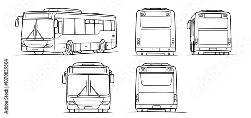 Comprehensive collection of line art illustrations depicting a modern public transport bus from multiple detailed perspectives including front, side, and rear views, ideal for design
