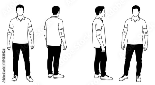 Diverse vector illustrations of a male figure from front, back, and side views, with identifying armbands, ideal for human representation and graphic design