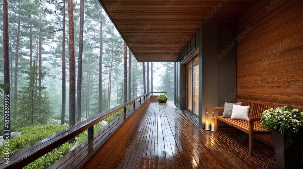 Fototapeta premium Wooden terrace with bench, cushion, potted plant, and lanterns overlooks lush green forest in peaceful rainy weather, natural retreat