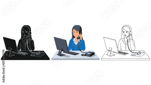 Customer service operator wearing a headset while answering telephone calls using a computer system