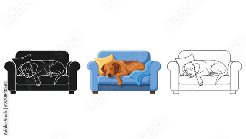 Collection of three different styles illustrating a relaxed dog soundly sleeping on a comfortable sofa