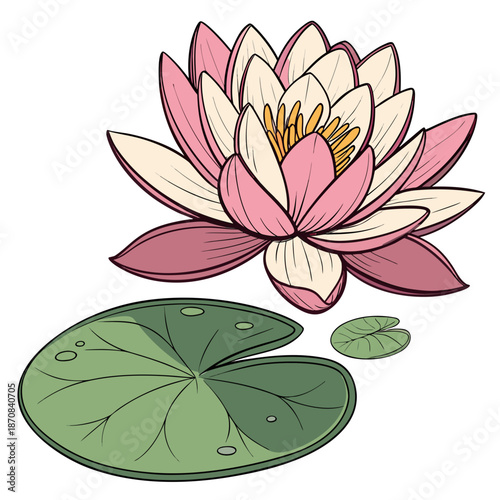 A beautiful pink lotus flower in full bloom, with delicate layered petals in shades of soft pink and white. It sits gracefully on a large round green lily pad, accompanied by two smaller floating.