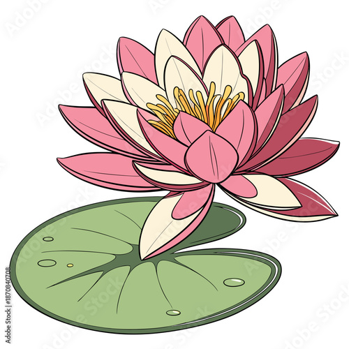 A blooming water lily with layered pink and creamy white petals floats beside two green lily pads one large and veined, the other smaller capturing botanical elegance and aquatic serenity.