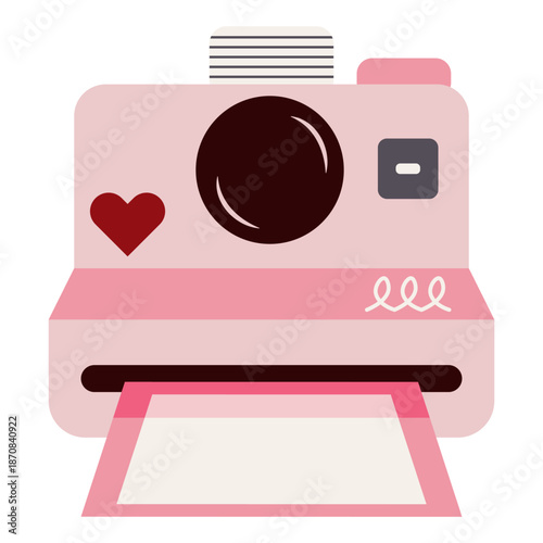 Flat vector illustration of a pink instant camera with a red heart and a photo print, ideal for Valentine's Day, romantic memories, and photography themed graphic designs.