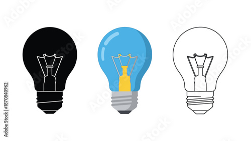 Collection of three distinct light bulb icons representing electricity innovation and creative ideas