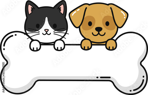 Cute cat and dog cartoon peeking over blank bone banner for pet shop, veterinary and animal design