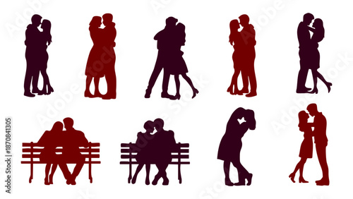 Black vector silhouettes of couples in love for wedding and valentines, Romantic couple silhouette pack with man and woman kissing and sitting, Collection of lovers in various romantic poses 