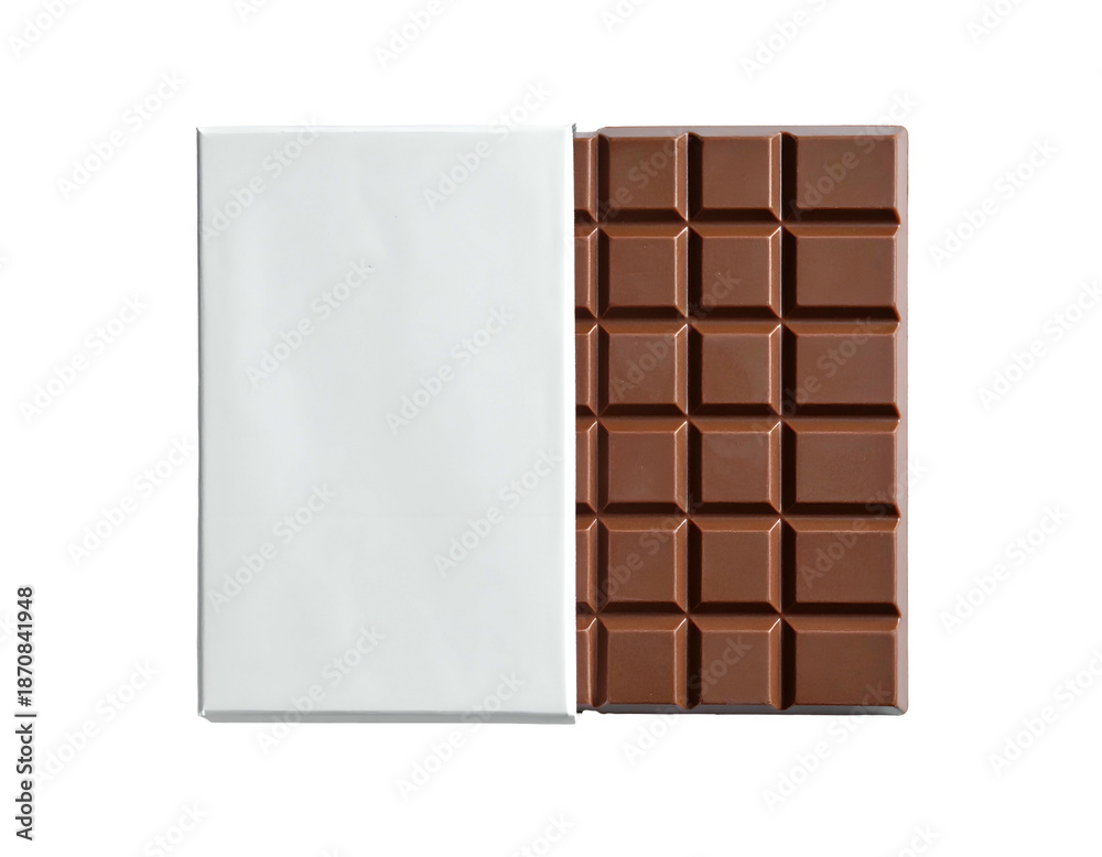 Obraz premium Open chocolate bar, one side unwrapped, revealing segmented confection