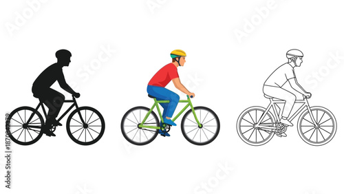 Collection of bicyclist icons showing silhouette flat color and outline styles for design work