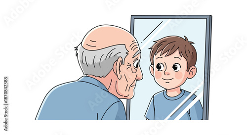 An elderly man gazes at a youthful reflection in a mirror silhouette