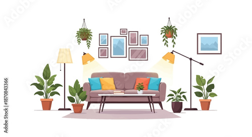 Cozy living room interior with plants lights and wall decor silhouette