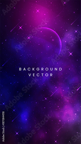 Purple and blue outer space galaxy background or cosmic nebula with shining stars and distant planet silhouette for science fiction or astronomical themes