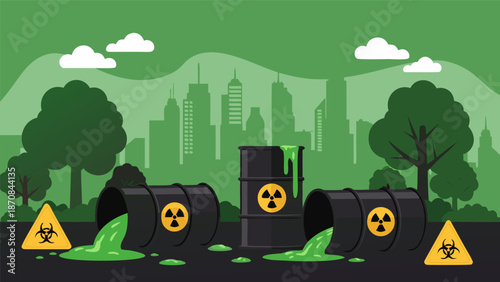 Hazardous waste pollution in urban environment vector illustration concept of environmental pollution